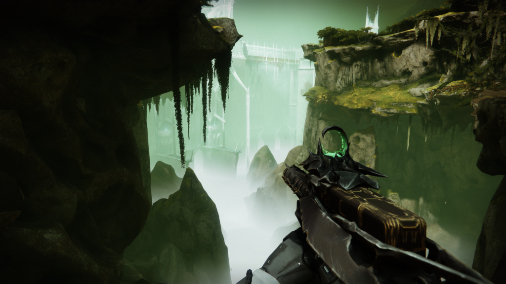 Destiny 2 The guardian is carefully moving along the rocks near the cliff